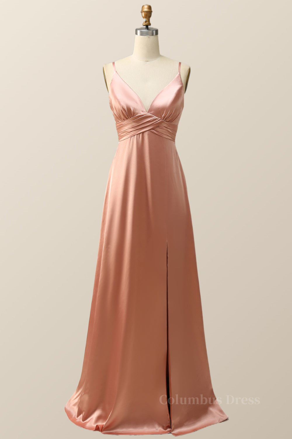 Empire Blush Silk A-line Long Corset Bridesmaid Dress with Slit Gowns, Prom Dress Inspo