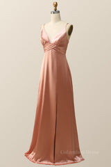 Empire Blush Silk A-line Long Corset Bridesmaid Dress with Slit Gowns, Prom Dress Trends For The Season