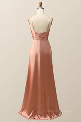 Empire Blush Silk A-line Long Corset Bridesmaid Dress with Slit Gowns, Prom Dresses Different