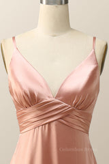 Empire Blush Silk A-line Long Corset Bridesmaid Dress with Slit Gowns, Prom Dress Short