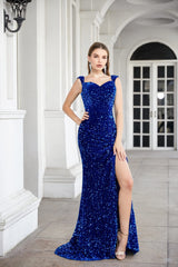 Royal Blue Sequins Mermaid Sweet Neck Corset Prom Dress outfits, Wedding Dress Customization