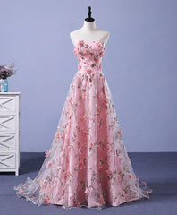 Pink Tulle 3D Flowers Long Corset Prom Dress, Pink Evening Dress outfit, Homecoming Dress Ideas