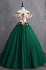 Green Off the Shoulder Floor Length Corset Prom Dress with Appliques, Puffy Quinceanera Dress outfit, Gown Dress Elegant