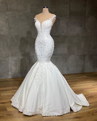 Exquisite Long Lace V-neck Sleeveless Mermaid Corset Wedding Dresses outfit, Wedding Dress Lace A Line