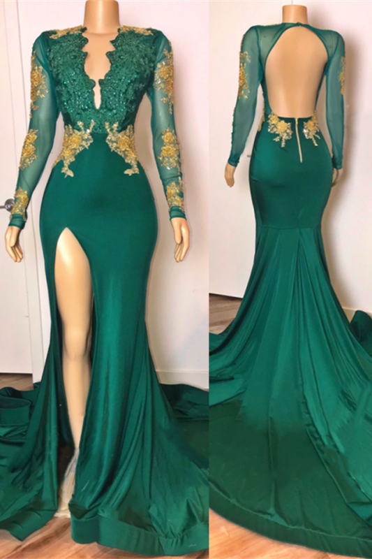 open back sexy side slit green Corset Prom dresses long sleeves Gowns, Party Dresses Online