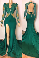 open back sexy side slit green Corset Prom dresses long sleeves Gowns, Party Dresses Online
