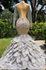 Fabulous Long Mermaid V-neck Sequined Beading Feather Tulle Corset Prom Dress with Sleeves Gowns, Party Dress Shiny