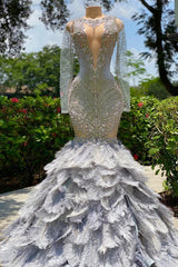 Fabulous Long Mermaid V-neck Sequined Beading Feather Tulle Corset Prom Dress with Sleeves Gowns, Party Dress In White