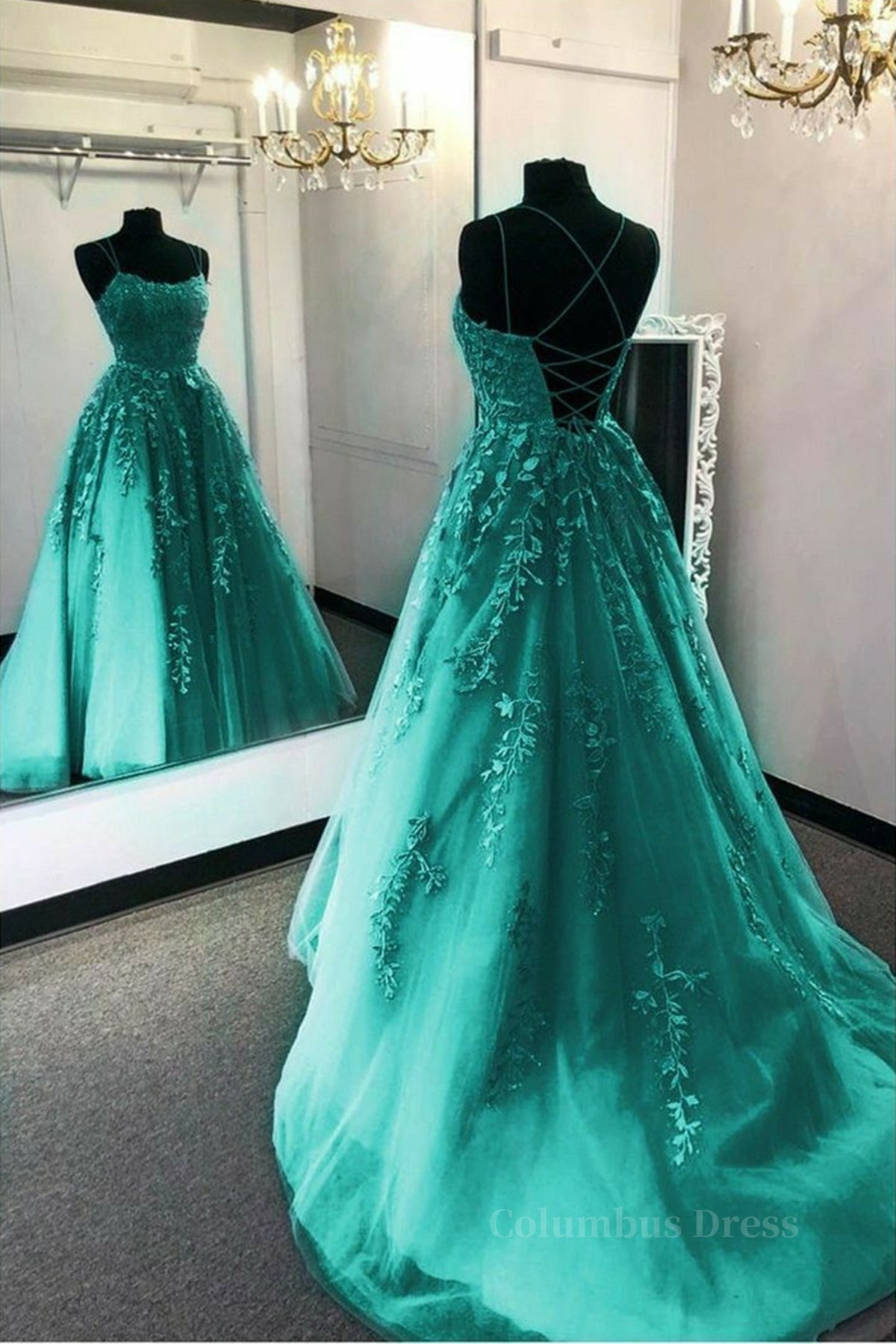 Fashion Green Lace Appliques Open Back Tulle Long Corset Prom Dresses, Green Lace Corset Formal Dresses, Green Evening Dresses outfit, Formals Dresses Short