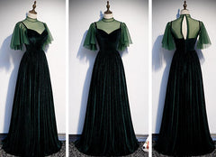Fashionable Dark Green Velvet Long Party Gown, Green Corset Bridesmaid Dress outfit, Formal Dresses Ballgown
