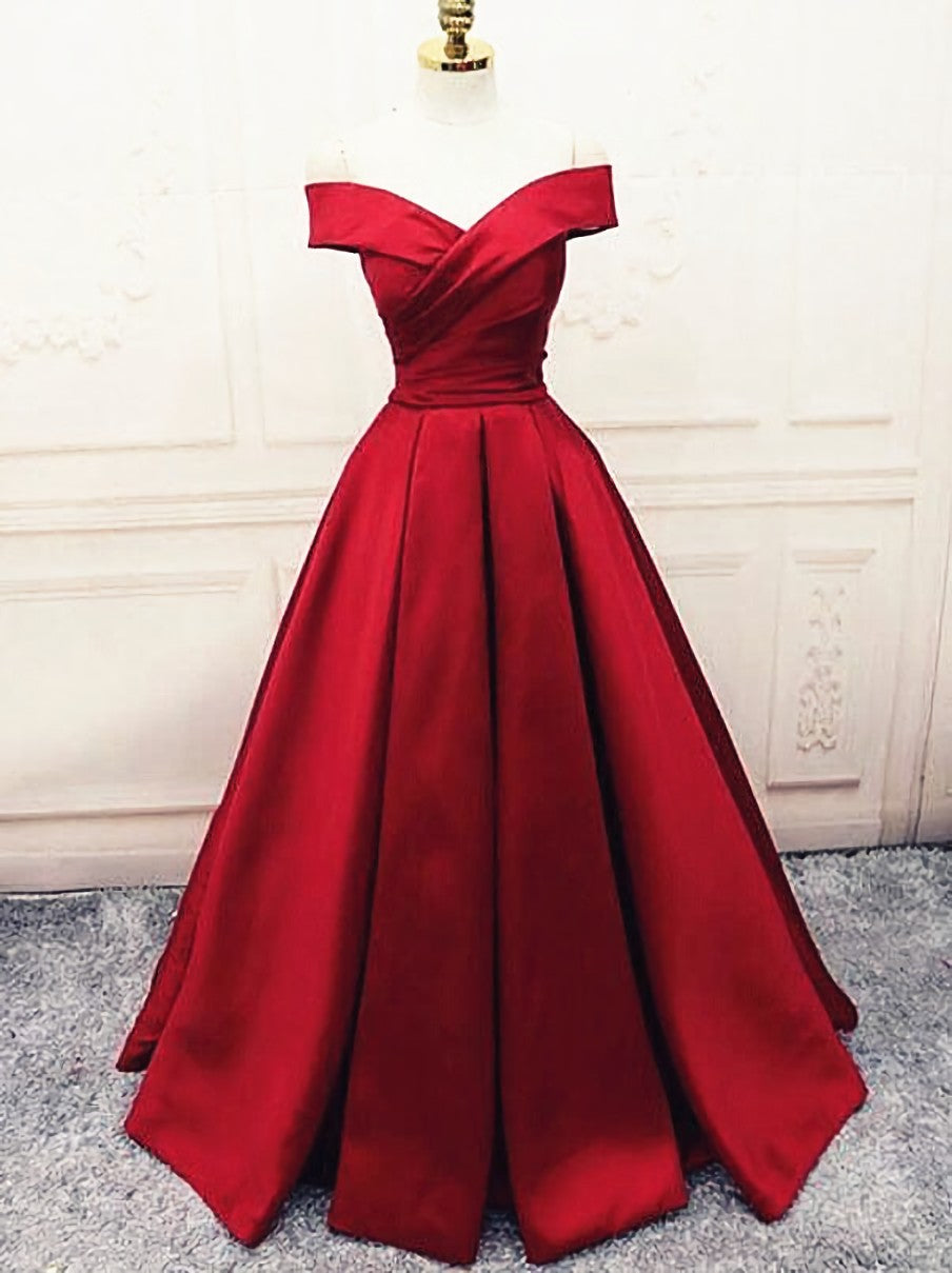 Fashionable Dark Red Satin Simple Off Shoulder Corset Prom Dress, Red Party Dress Evening Dress outfit, Party Dress Online