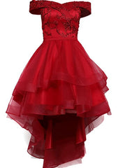 Fashionable High Low Party Dress, Red Off Shoulder Corset Homecoming Dress outfit, Festival Outfit
