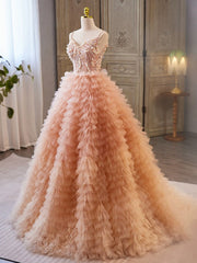 Unique V Neck Tulle Sequin Orange Pink Long Corset Prom Dress, Orange Pink Sweet 16 Dress outfit, Party Dresses Prom