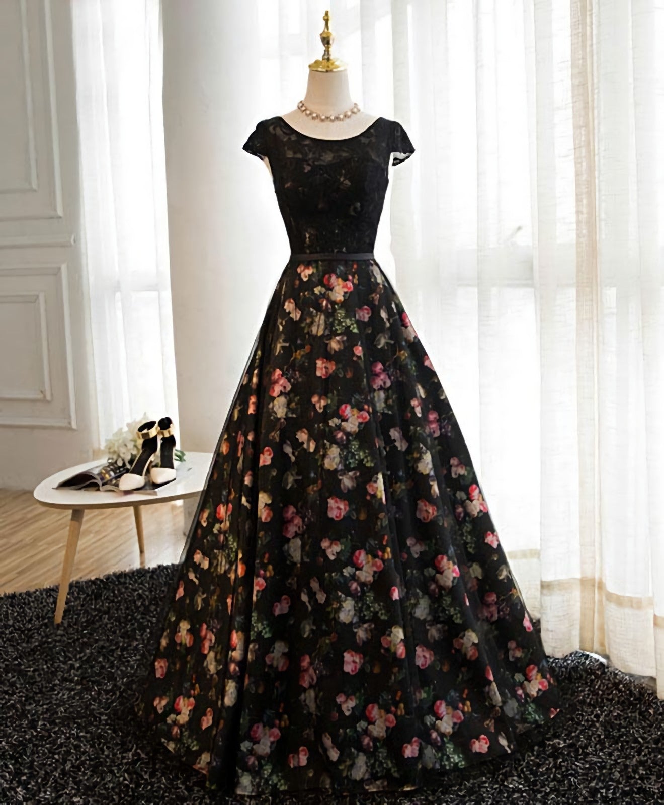 Black Lace Floral Patterns Long Corset Prom Dress, Black Evening Dress outfit, Homecoming Dress Simple