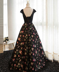 Black Lace Floral Patterns Long Corset Prom Dress, Black Evening Dress outfit, Homecoming Dress Boutiques