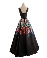 Black V Neck Floral Patterns Long Corset Prom Dress, Black Evening Dress outfit, Prom Dress Inspiration