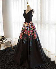 Black V Neck Floral Patterns Long Corset Prom Dress, Black Evening Dress outfit, Prom Dress 2046