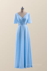 Flare Sleeves Blue Chiffon A-line Long Corset Bridesmaid Dress outfit, Party Dress On Sale
