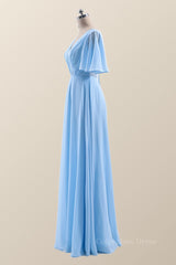 Flare Sleeves Blue Chiffon A-line Long Corset Bridesmaid Dress outfit, Party Dresses Formal