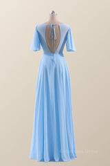 Flare Sleeves Blue Chiffon A-line Long Corset Bridesmaid Dress outfit, Party Dress Formal