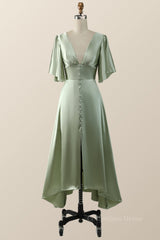 Flare Sleeves Green Empire Midi Corset Bridesmaid Dress outfit, Prom Dresses Long Open Back