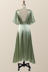 Flare Sleeves Green Empire Midi Corset Bridesmaid Dress outfit, Prom Dress Long Open Back