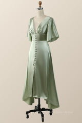 Flare Sleeves Green Empire Midi Corset Bridesmaid Dress outfit, Prom Dresses Photos Gallery