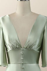 Flare Sleeves Green Empire Midi Corset Bridesmaid Dress outfit, Prom Dress Chiffon