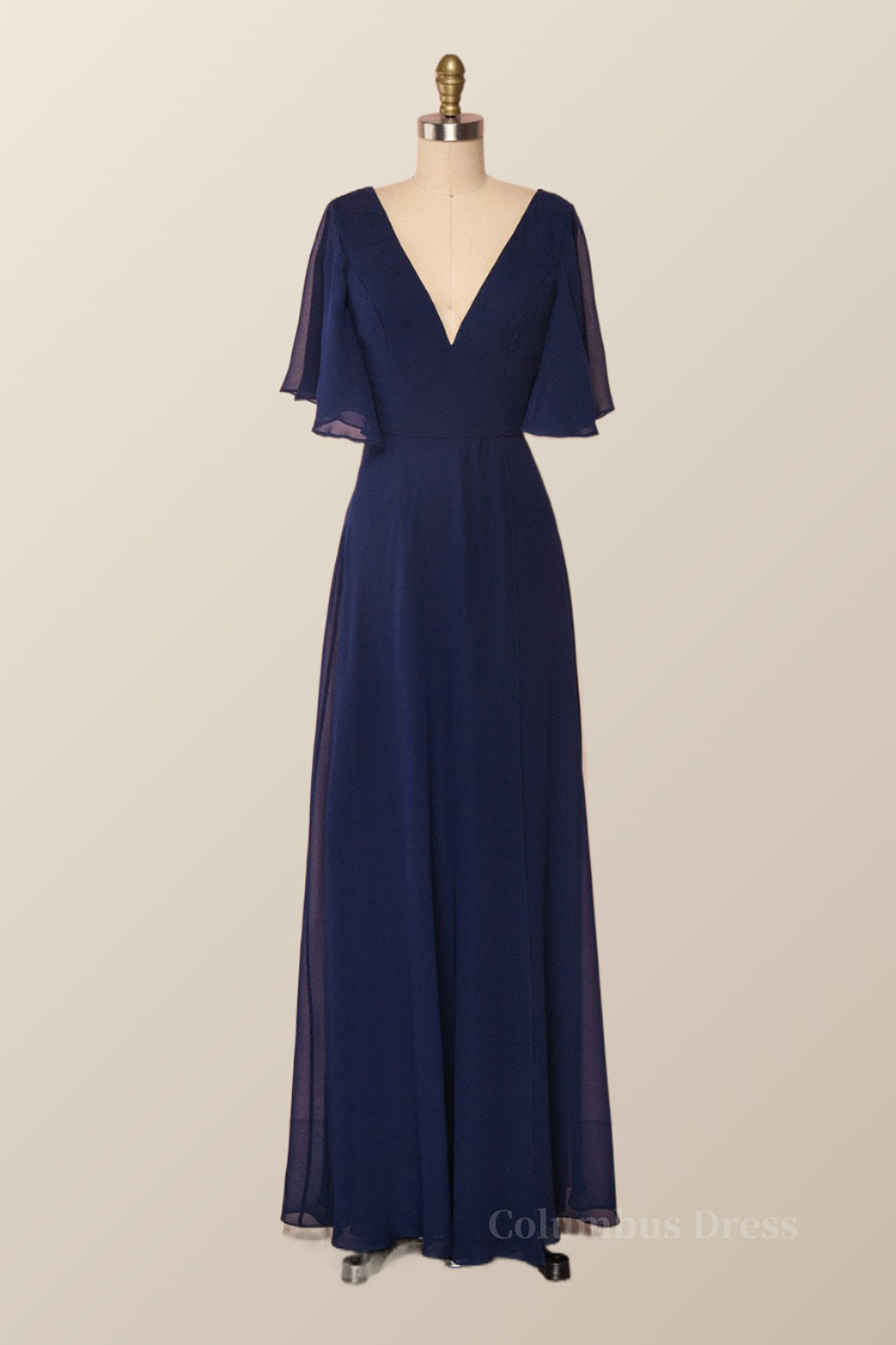 Flare Sleeves Navy Blue Chiffon Long Corset Bridesmaid Dress outfit, Bridesmaid Dresses Inspiration