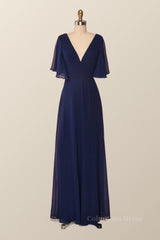 Flare Sleeves Navy Blue Chiffon Long Corset Bridesmaid Dress outfit, Bridesmaid Dresses Inspiration