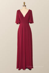 Flare Sleeves Wine Red Chiffon Long Corset Bridesmaid Dress outfit, Design Dress Casual