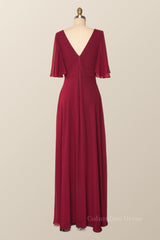 Flare Sleeves Wine Red Chiffon Long Corset Bridesmaid Dress outfit, Sweater Dress