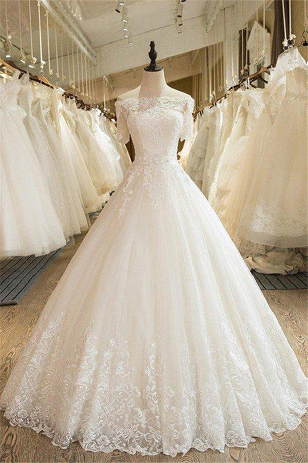 Floor Length Applique Corset Ball Gown Off the Shoulder Lace Tulle 1/2 Sleeves Corset Wedding Dresses outfit, Wedding Dress Designers