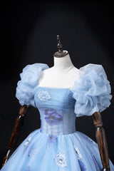 Floral Tulle Long Corset Prom Dress, Blue Short Sleeve Evening Dress outfit, Bridesmaid Dresses Shops