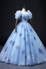 Floral Tulle Long Corset Prom Dress, Blue Short Sleeve Evening Dress outfit, Bridesmaids Dresses Satin