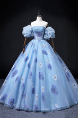 Floral Tulle Long Corset Prom Dress, Blue Short Sleeve Evening Dress outfit, Bridesmaid Dresses Shop