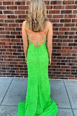 Fluorescent Green Sequins Long Corset Prom Dress With Criss Cross Back Gowns, Fluorescent Green Sequins Long Prom Dress With Criss Cross Back