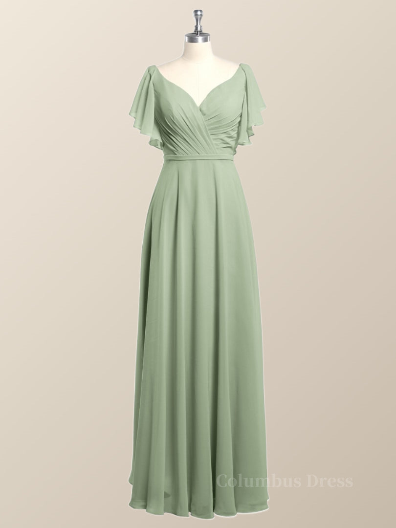 Flutter Sleeves Sage Green Chiffon A-line Long Corset Bridesmaid Dress outfit, Bridesmaid Dresses Sale