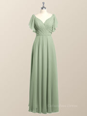 Flutter Sleeves Sage Green Chiffon A-line Long Corset Bridesmaid Dress outfit, Bridesmaid Dresses Sale