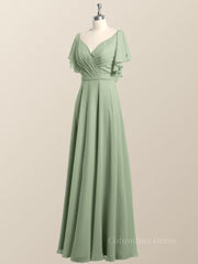 Flutter Sleeves Sage Green Chiffon A-line Long Corset Bridesmaid Dress outfit, Bridesmaid Dresses Navy Blue