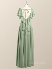 Flutter Sleeves Sage Green Chiffon A-line Long Corset Bridesmaid Dress outfit, Bridesmaid Dresses 3 9 Length