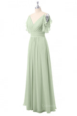 Flutter Sleeves Sage Green Pleated Long Corset Bridesmaid Dress outfit, Bridesmaids Dress Convertible