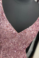 Gorgeous Mermaid V Neck Straps Pearl Pink Sequin Long Corset Prom Dress, Corset Prom Outfits With Slit Gowns, Formal Dress Australia