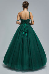 Dark Green Lace Up Beading Long Corset Prom Dresses outfit, Formal Dresses Long Elegant