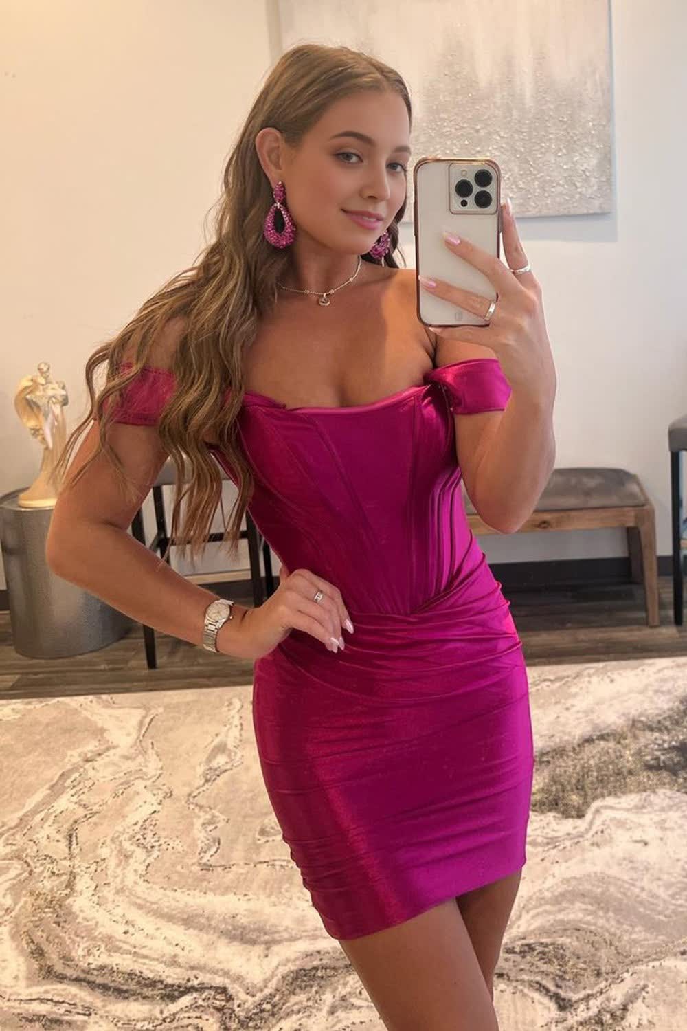 Fuchsia Off the Shoulder Ruched Tight Corset Homecoming Dress outfit, Fuchsia Off the Shoulder Ruched Tight Homecoming Dress
