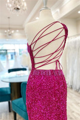 Fuchsia One Shoulder Lace-Up Sequins Corset Homecoming Dress with Tassels Gowns, Bridesmaides Dresses Summer
