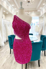 Fuchsia One Shoulder Lace-Up Sequins Corset Homecoming Dress with Tassels Gowns, Bridesmaids Dresses Summer