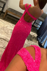 Fuchsia One Shoulder Sequins Corset Prom Dress outfits, Fuchsia One Shoulder Sequins Prom Dress