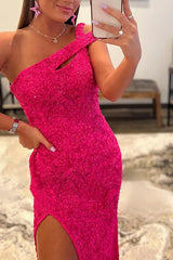 Fuchsia One Shoulder Sequins Corset Prom Dress outfits, Fuchsia One Shoulder Sequins Prom Dress