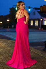 Fuchsia Plus Size Long Corset Prom Dress with Slit Gowns, Fuchsia Plus Size Long Prom Dress with Slit